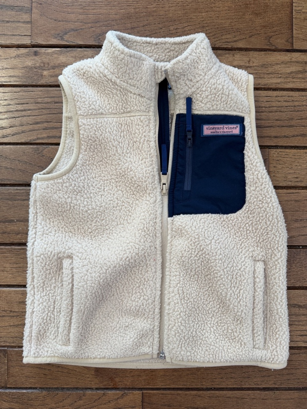 Vineyard Vines Kids Cream Sherpa Vest with Navy Chest Pocket